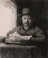 Autorretrato dibujando en una ventana